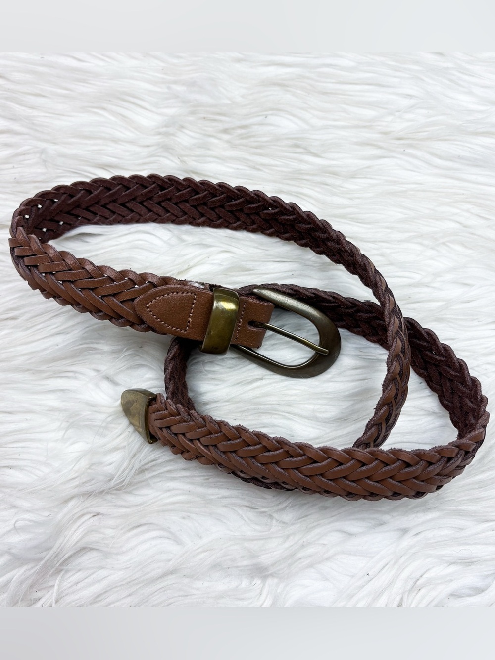 Vintage Woven Braided Genuine Leather Belt Brown Tan Western Boho Small Medium